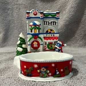 Department 56 Christmas toy shop with blue M&M on front